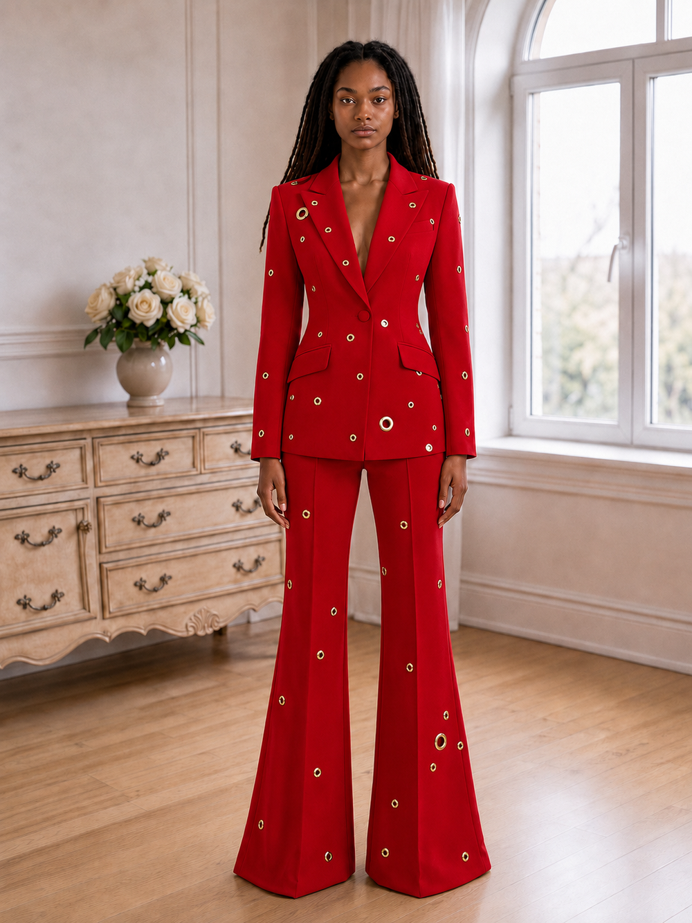 Aurelia Gilded-Eyelet Flare Suit Set - Red