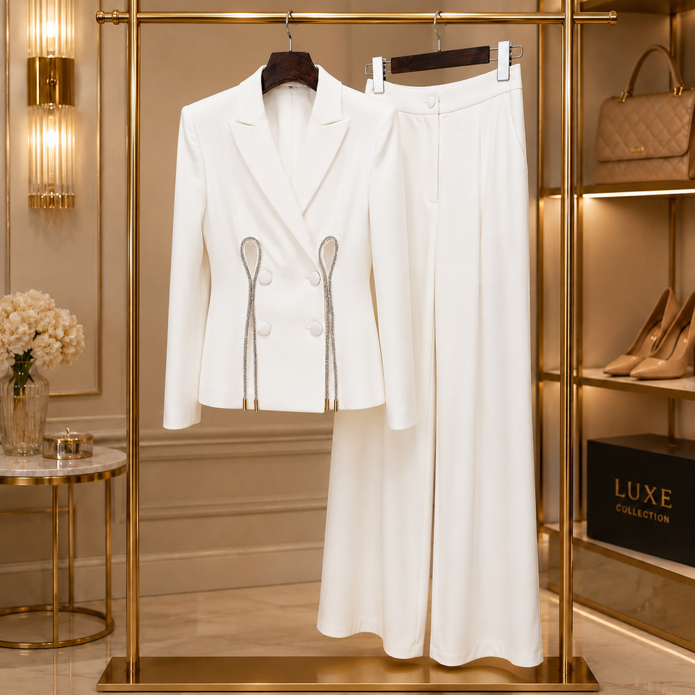Solène Crystal-Cutout Wide-Leg Suit Set - White