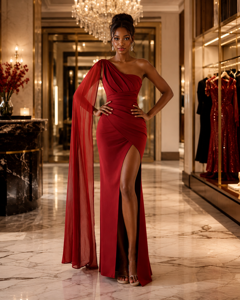 A woman models a floor-length burgundy evening gown in a luxurious boutique hallway. The gown features a one-shoulder design with a draped sheer overlay, a fitted bodice, and a high thigh slit.