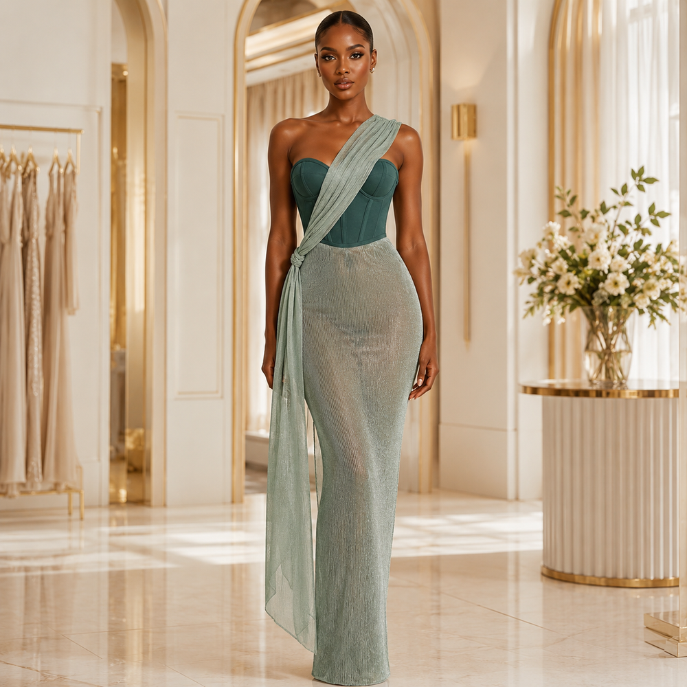 A woman models a floor-length evening gown in a luxurious boutique interior. The dress features a structured sweetheart bodice in a deep teal green, paired with a draped, semi-sheer light sage green skirt and matching draped fabric at the waist.