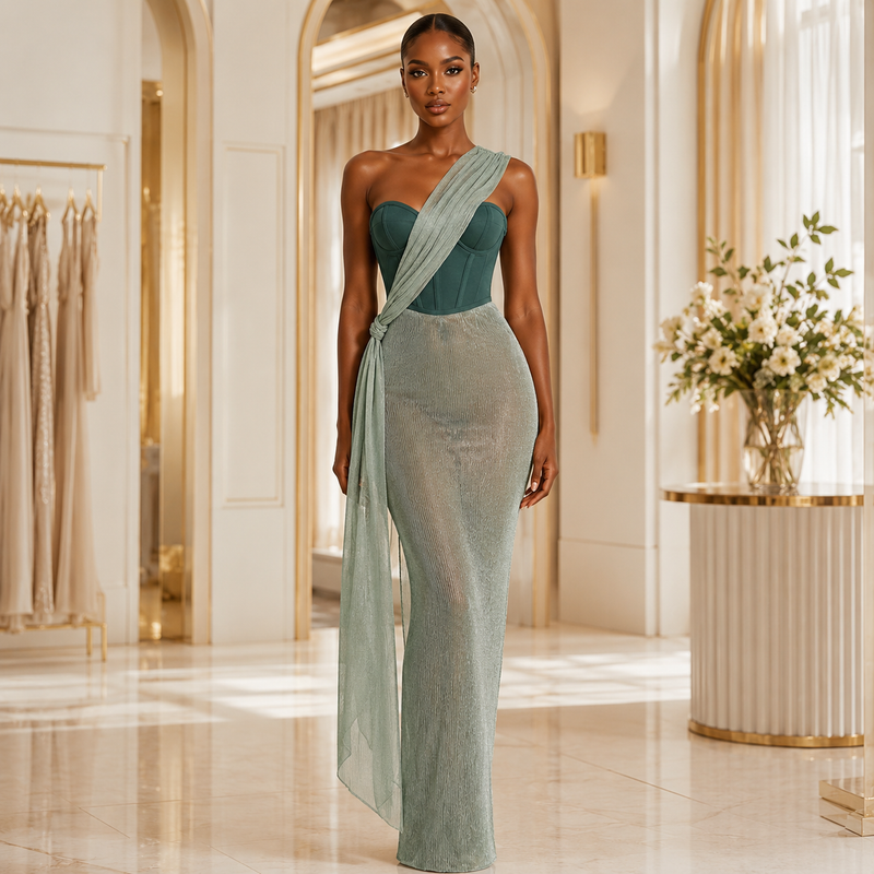 A woman models a floor-length evening gown in a luxurious boutique interior. The dress features a structured sweetheart bodice in a deep teal green, paired with a draped, semi-sheer light sage green skirt and matching draped fabric at the waist.