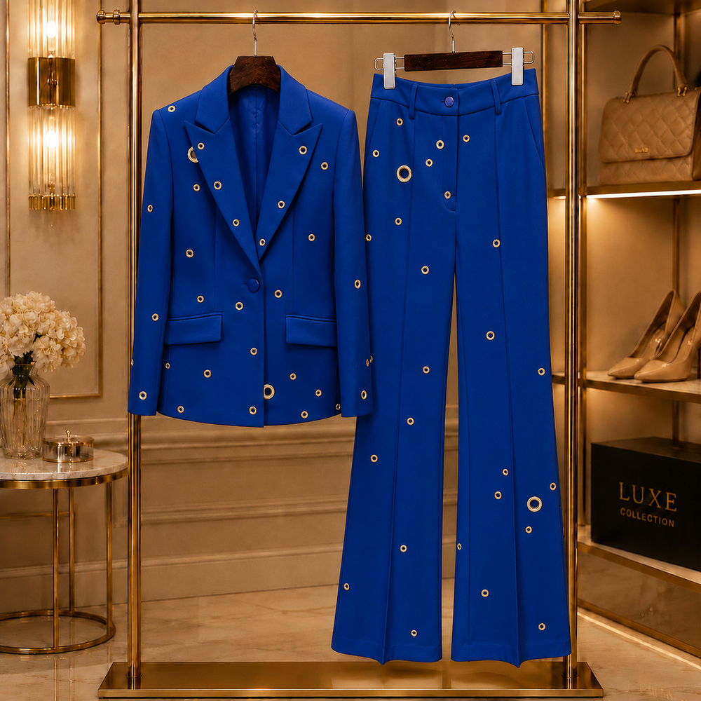 Aurelia Gilded-Eyelet Flare Suit Set - Blue