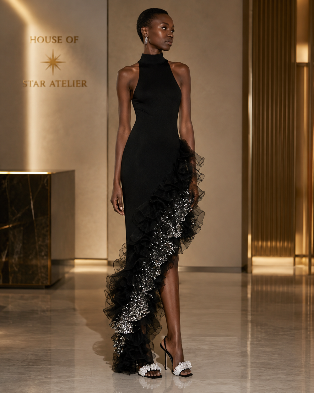 The Vespera Noir Asymmetric Ruffle Gown