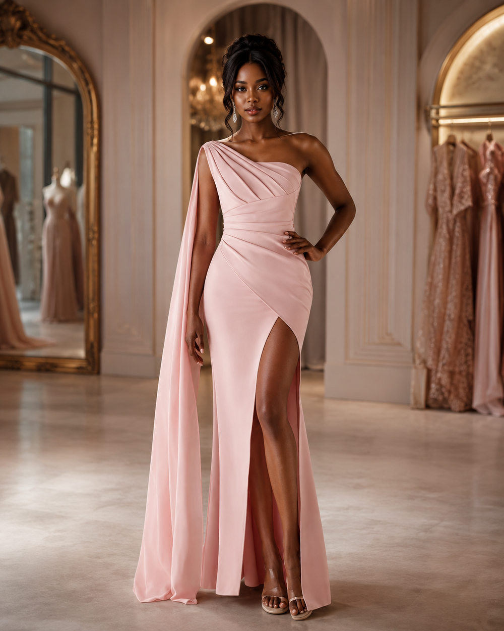 A woman models a formal one-shoulder floor-length pink gown in a softly lit boutique interior. The dress is blush pink with a draped cape-like sleeve, gathered waist, and high front slit.