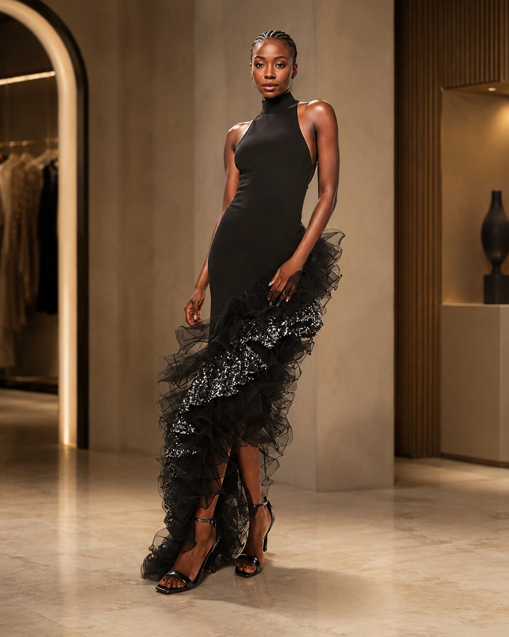 The Vespera Noir Asymmetric Ruffle Gown