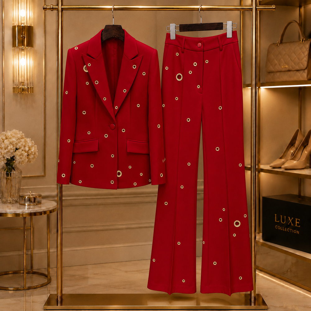 Aurelia Gilded-Eyelet Flare Suit Set - Red