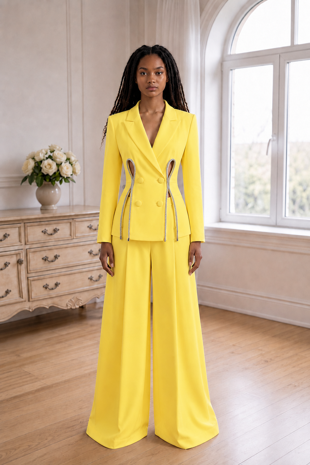 Solène Crystal-Cutout Wide-Leg Suit Set - Yellow