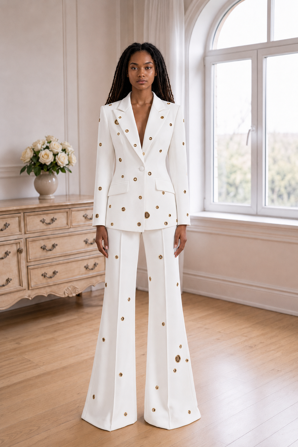 Aurelia Gilded-Eyelet Flare Suit Set - White
