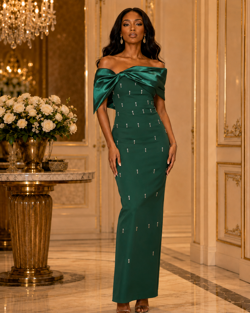 A woman models an off-the-shoulder emerald green satin gown with small silver embellishments, set in an elegant, luxurious interior with gold walls and a marble floor.