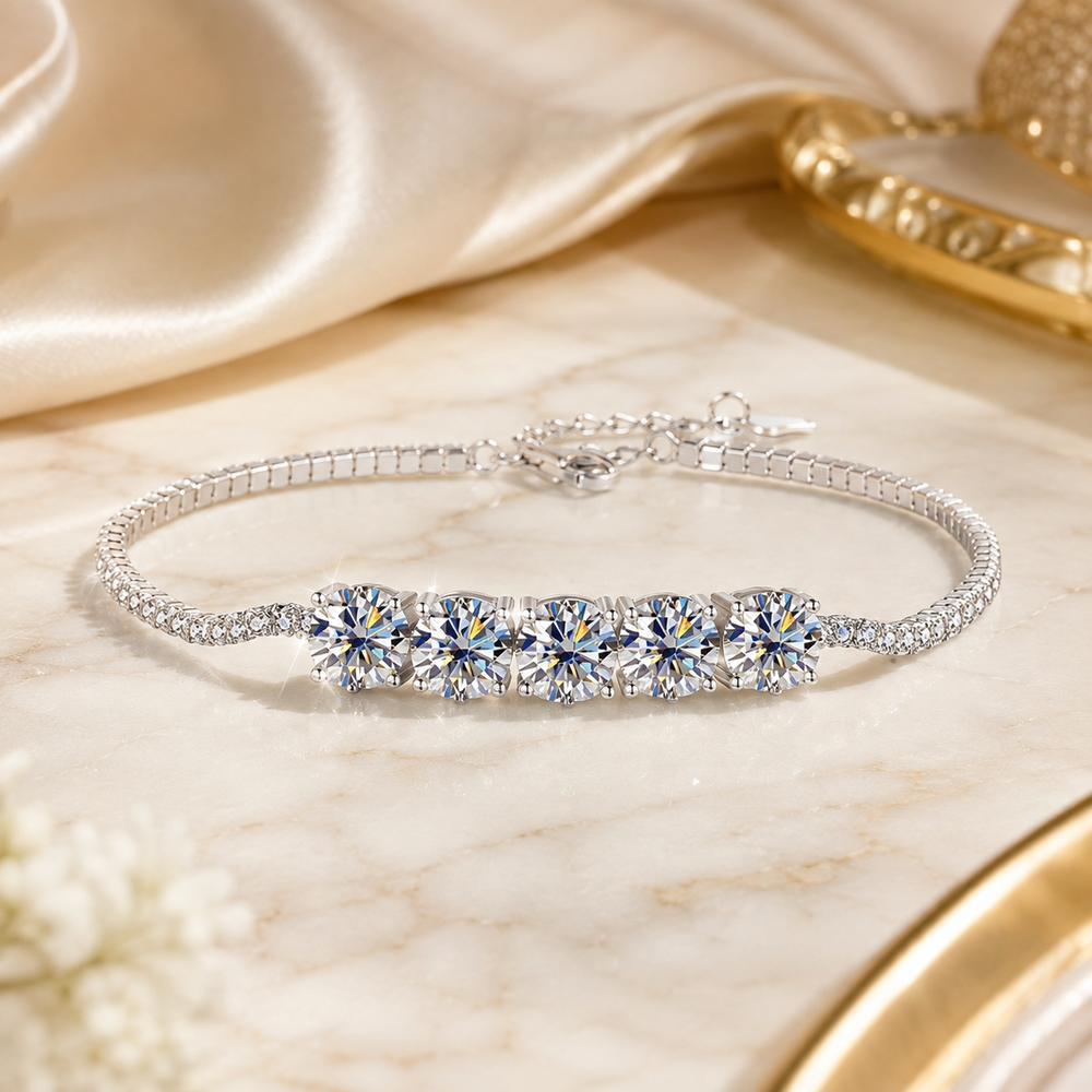 Adjustable silver moissanite bracelet with extension chain and clasp