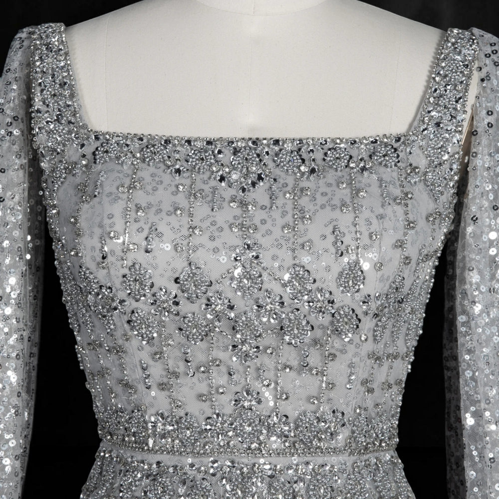 Celeste Cape Gown – Luxury Crystal Feather Evening Dress - Silver