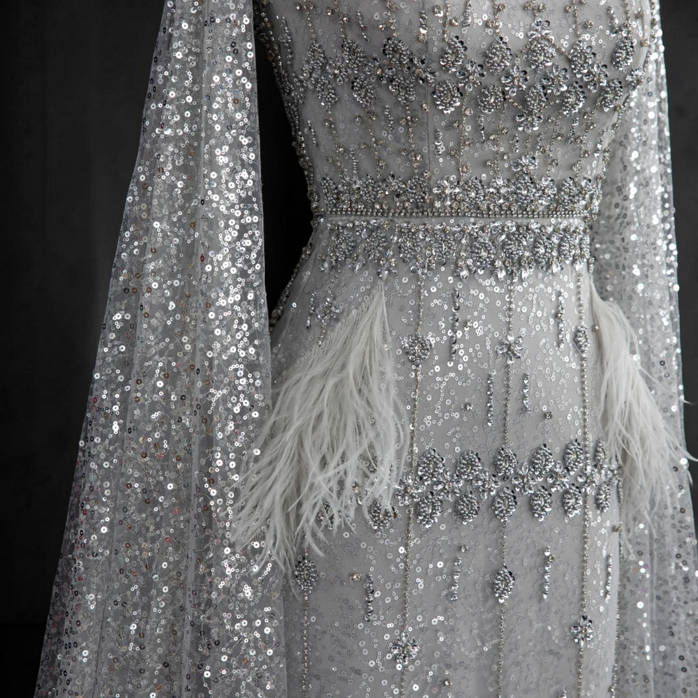 Celeste Cape Gown – Luxury Crystal Feather Evening Dress - Silver