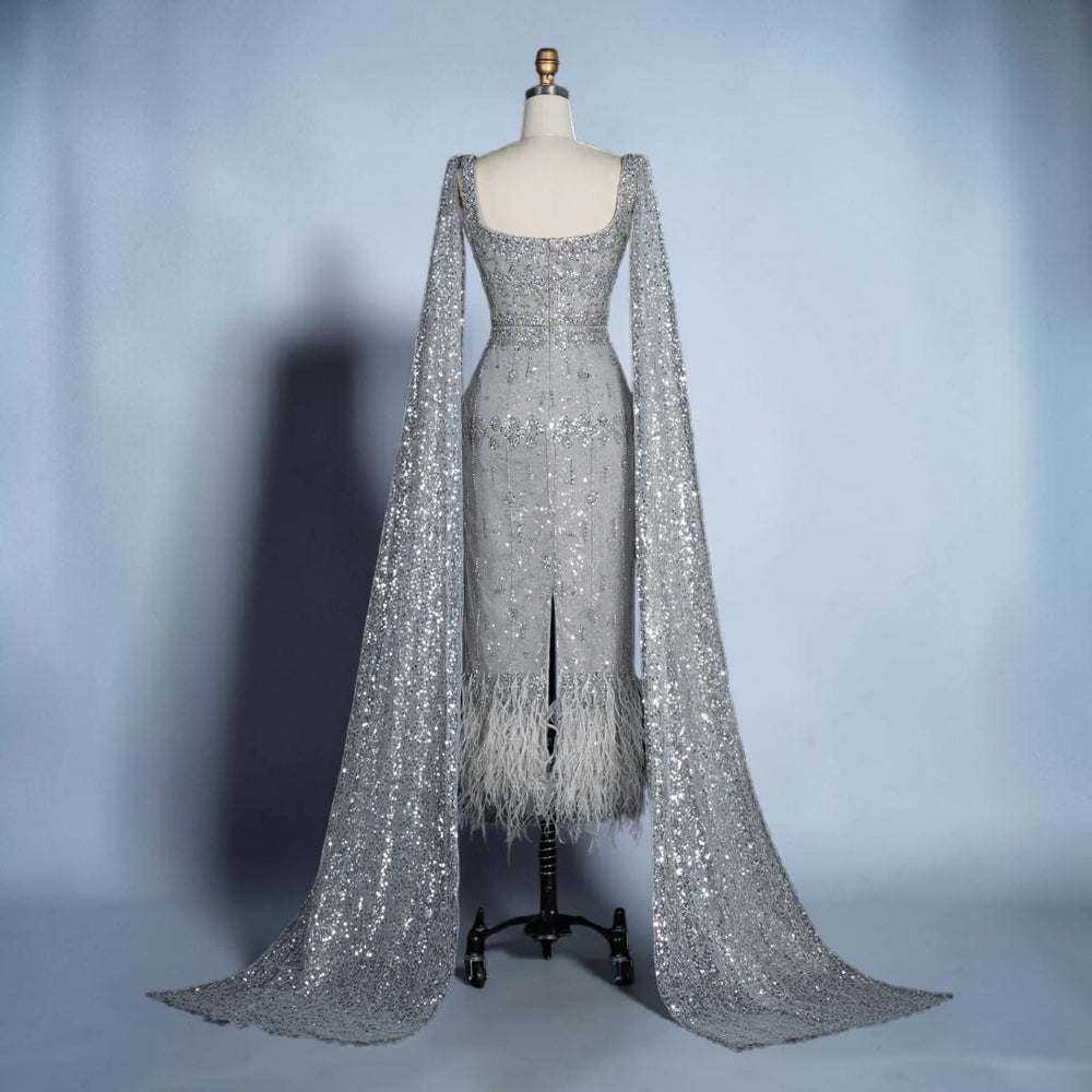 Celeste Cape Gown – Luxury Crystal Feather Evening Dress - Silver