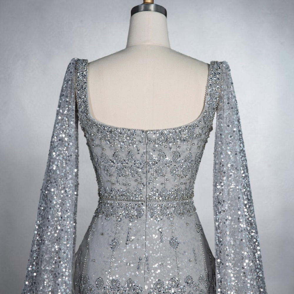 Celeste Cape Gown – Luxury Crystal Feather Evening Dress - Silver