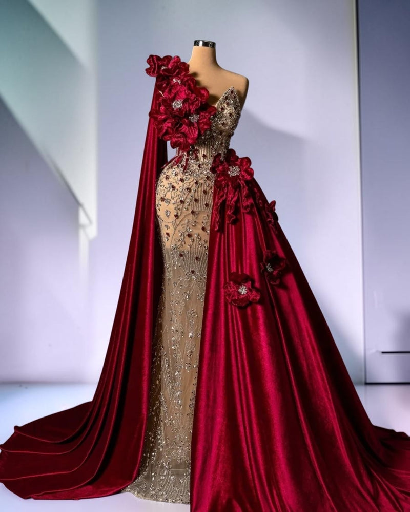 Crimson Royale Blossom Cape Couture Gown
