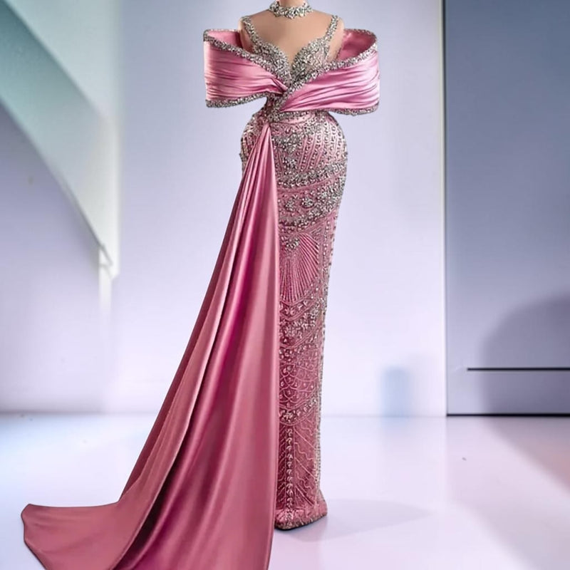 Blush Royale Crystal Draped Couture Gown