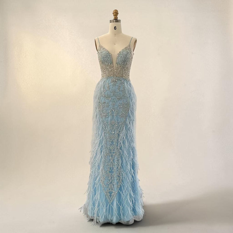 Ethereal Luxe Feather Gown - Blue