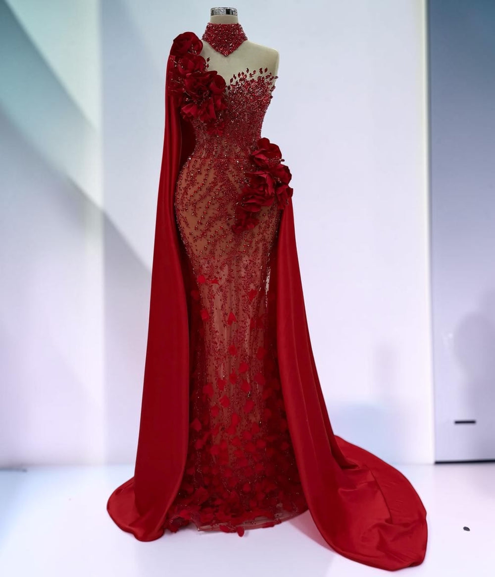 Crimson Bloom Illusion Couture Gown