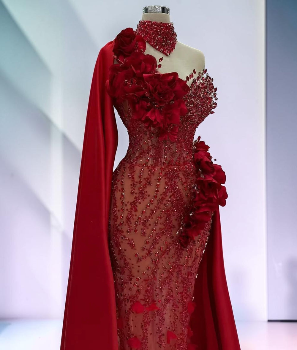 Crimson Bloom Illusion Couture Gown