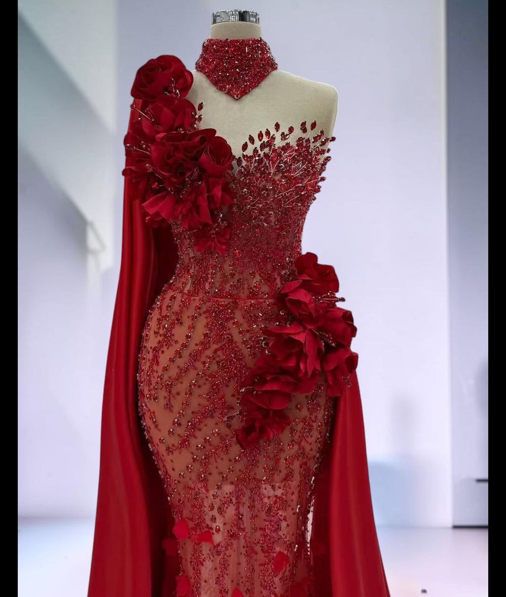 Crimson Bloom Illusion Couture Gown