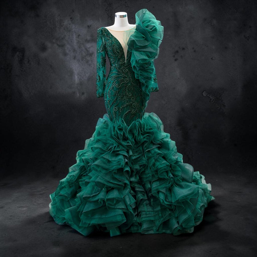 Emerald Étoile Ruffle Couture Mermaid Gown - Green