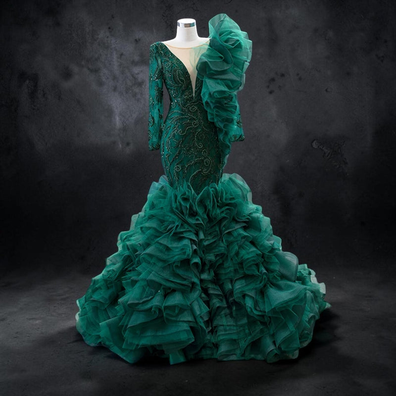 Emerald Étoile Ruffle Couture Mermaid Gown - Green
