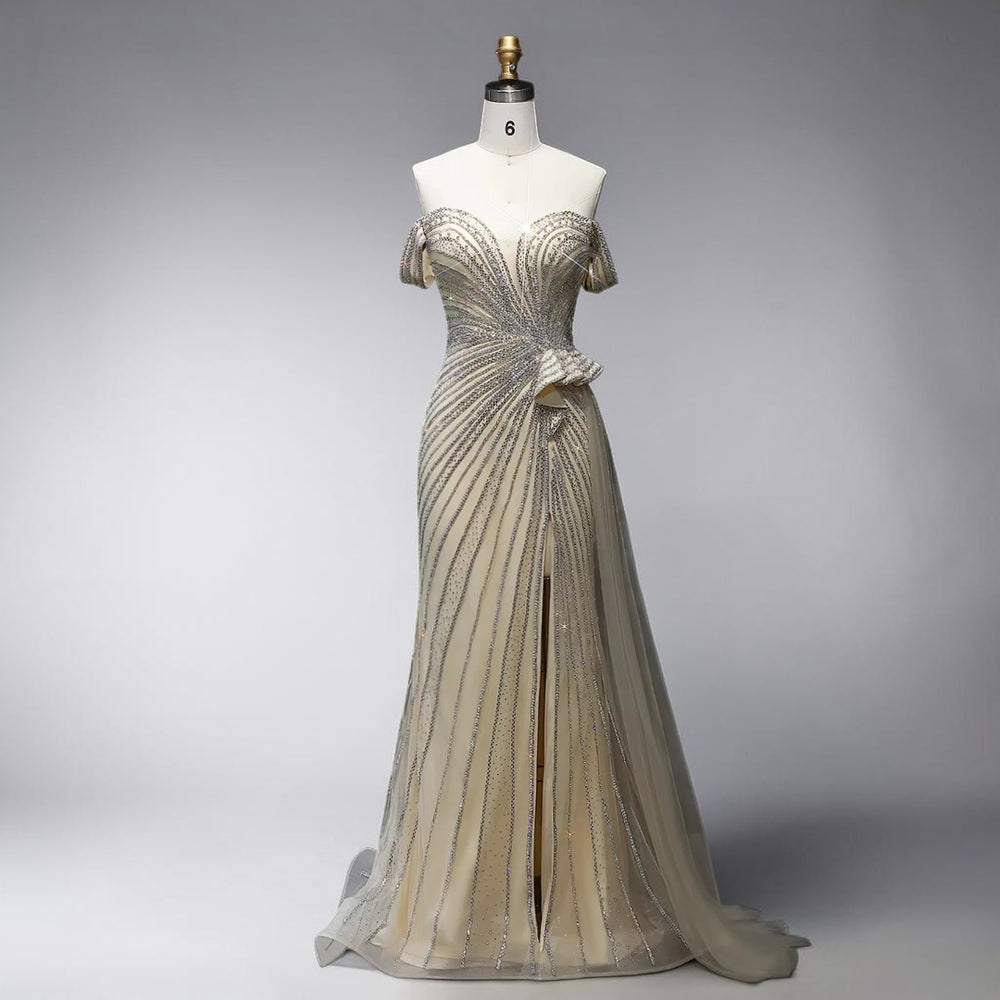 Celestial Radiance Crystal Couture Gown - Champagne Gold
