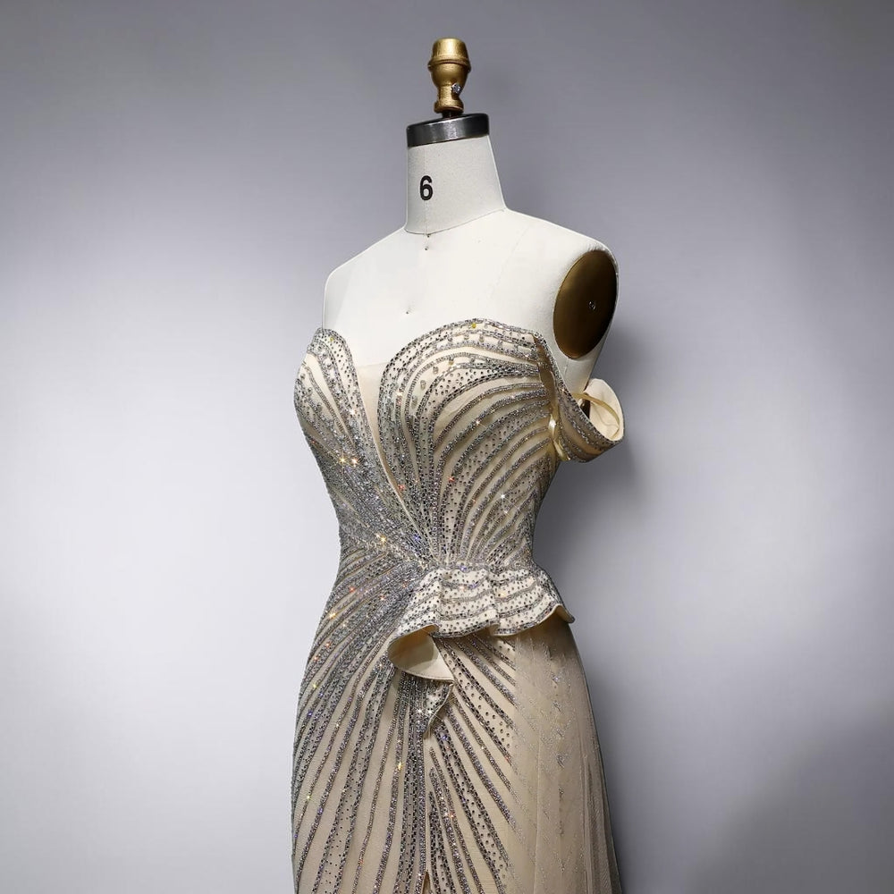Celestial Radiance Crystal Couture Gown - Champagne Gold