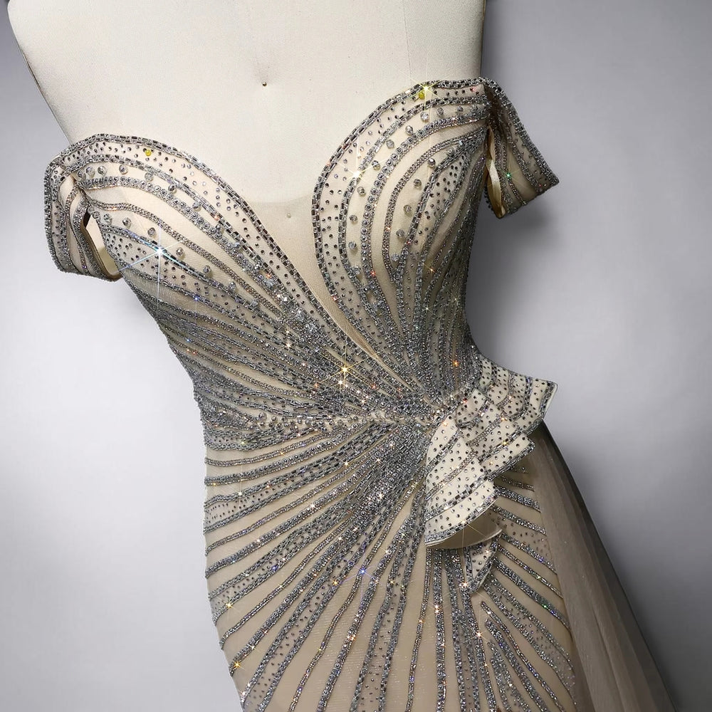 Celestial Radiance Crystal Couture Gown - Champagne Gold