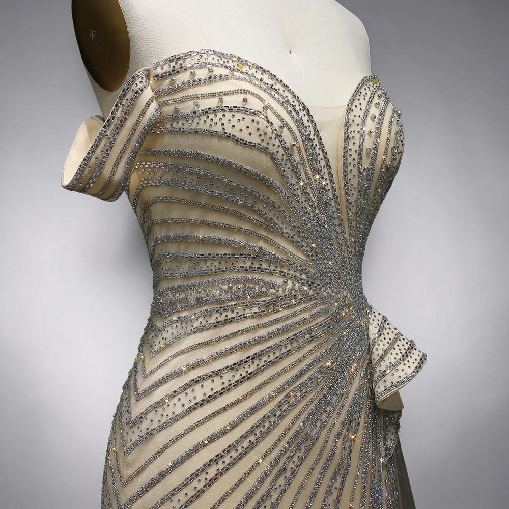 Celestial Radiance Crystal Couture Gown - Champagne Gold