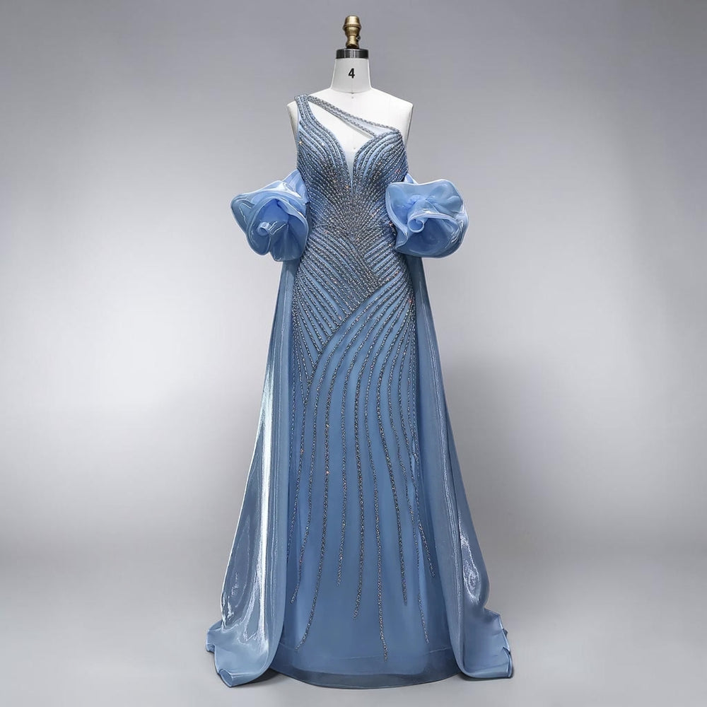 Celestial Cascade One-Shoulder Couture Gown - Blue