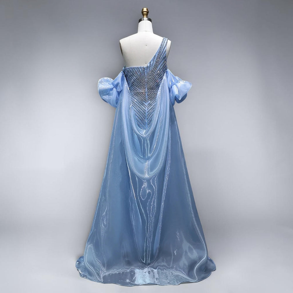 Celestial Cascade One-Shoulder Couture Gown - Blue