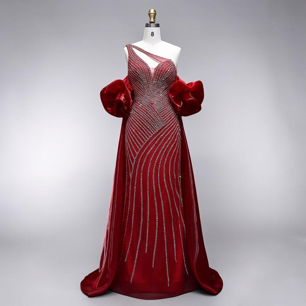 Celestial Cascade One-Shoulder Couture Gown - Red