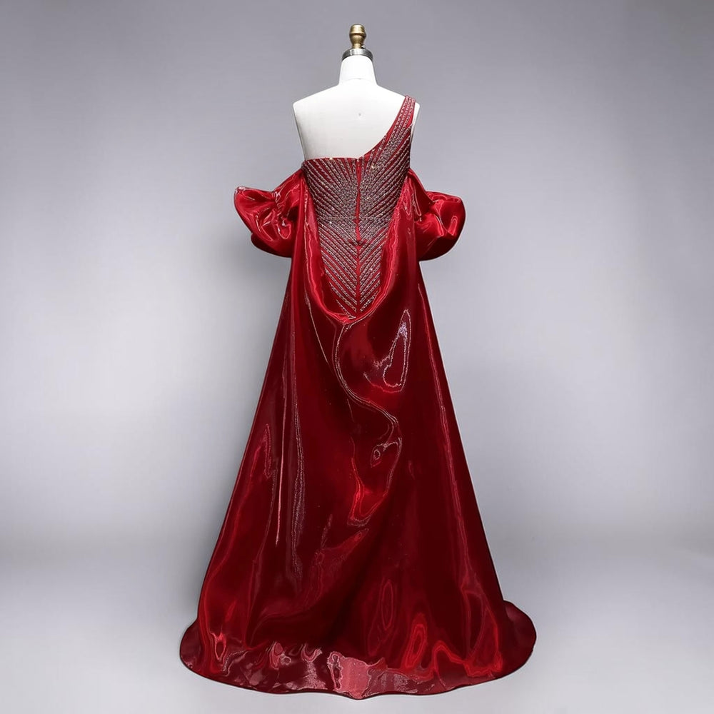 Celestial Cascade One-Shoulder Couture Gown - Red