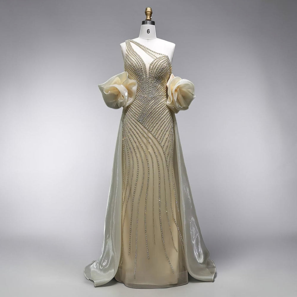 Celestial Cascade One-Shoulder Couture Gown - Yellow