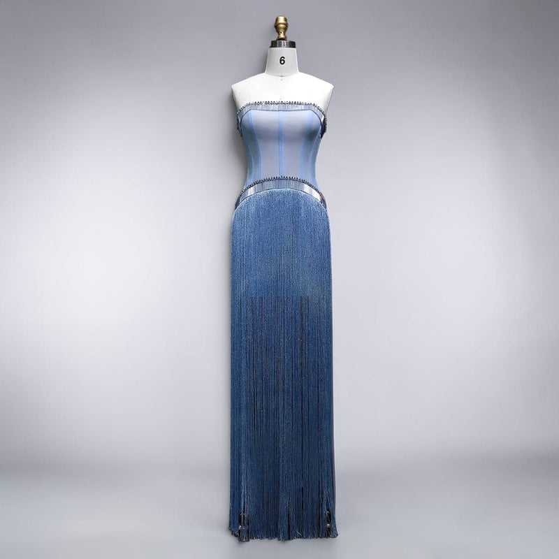 Azure Mirage Fringe Couture Gown