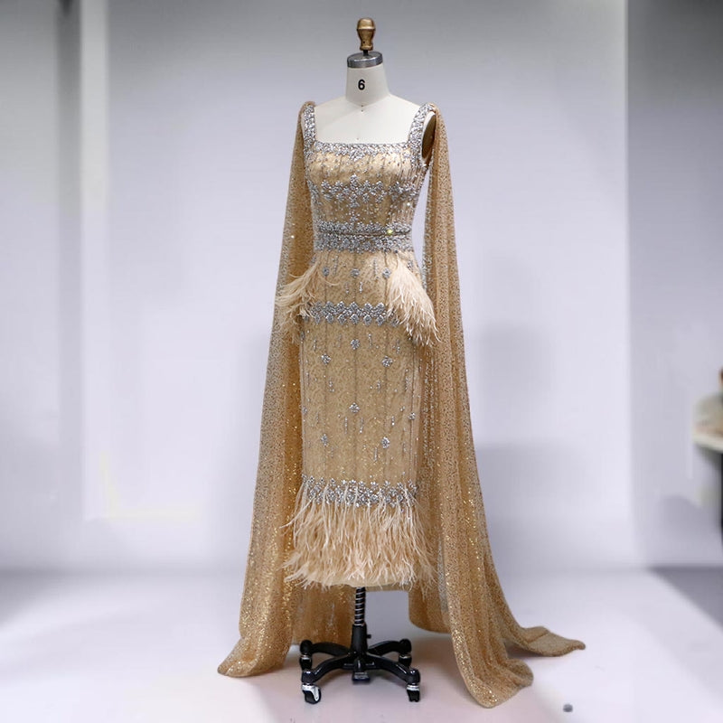 Celeste Cape Gown – Luxury Crystal Feather Evening Dress - Gold