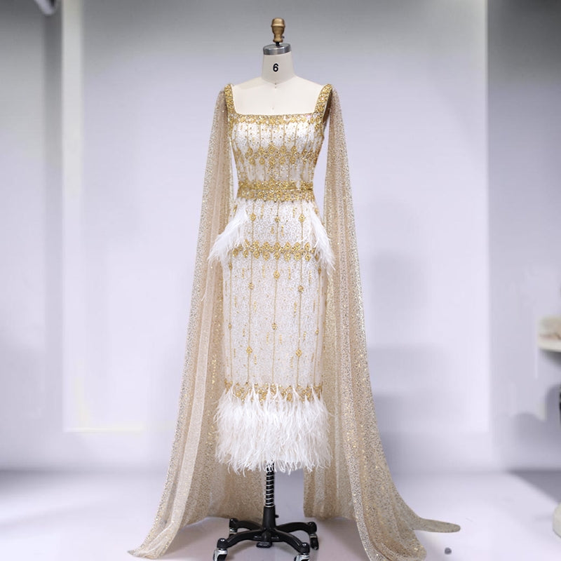 Celeste Cape Gown – Luxury Crystal Feather Evening Dress - White