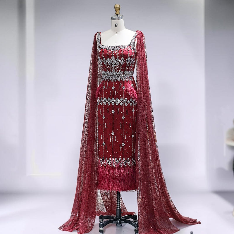 Celeste Cape Gown – Luxury Crystal Feather Evening Dress - Red