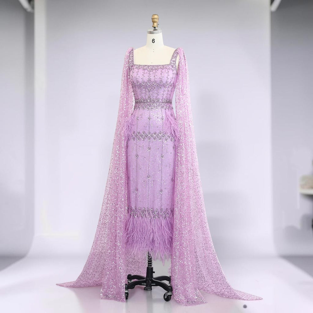 Celeste Cape Gown – Luxury Crystal Feather Evening Dress - Lavender