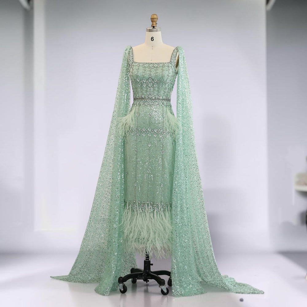 Celeste Cape Gown – Luxury Crystal Feather Evening Dress - Green