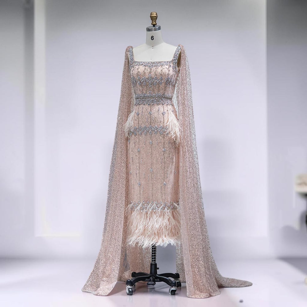 Celeste Cape Gown – Luxury Crystal Feather Evening Dress - Rose Gold