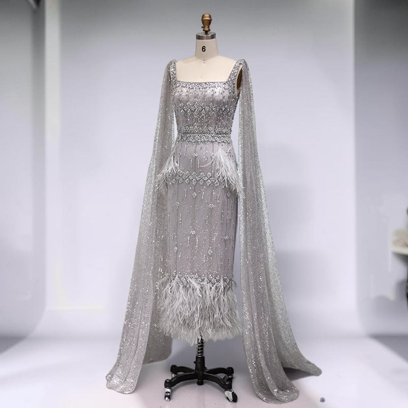 Celeste Cape Gown – Luxury Crystal Feather Evening Dress - Silver