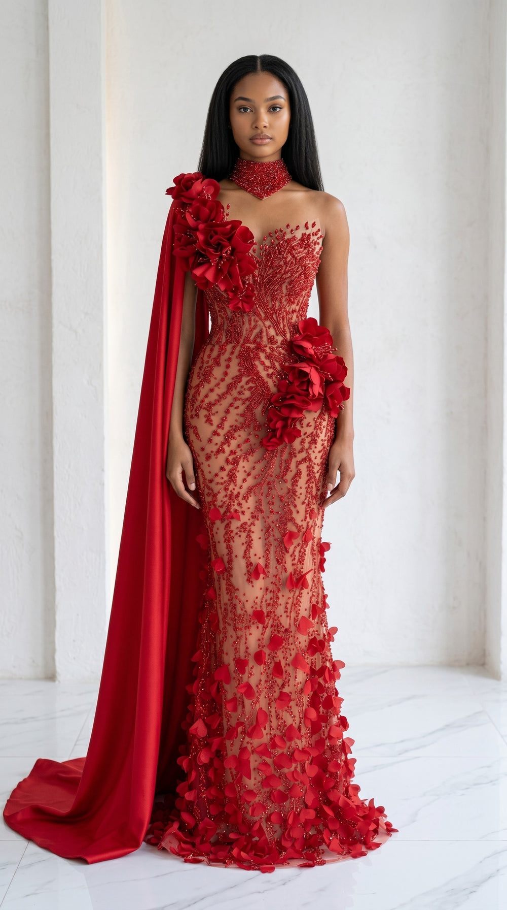 Crimson Bloom Illusion Couture Gown