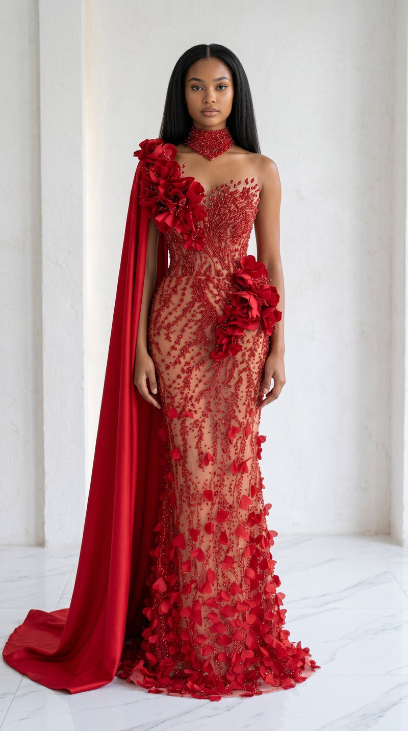 Crimson Bloom Illusion Couture Gown
