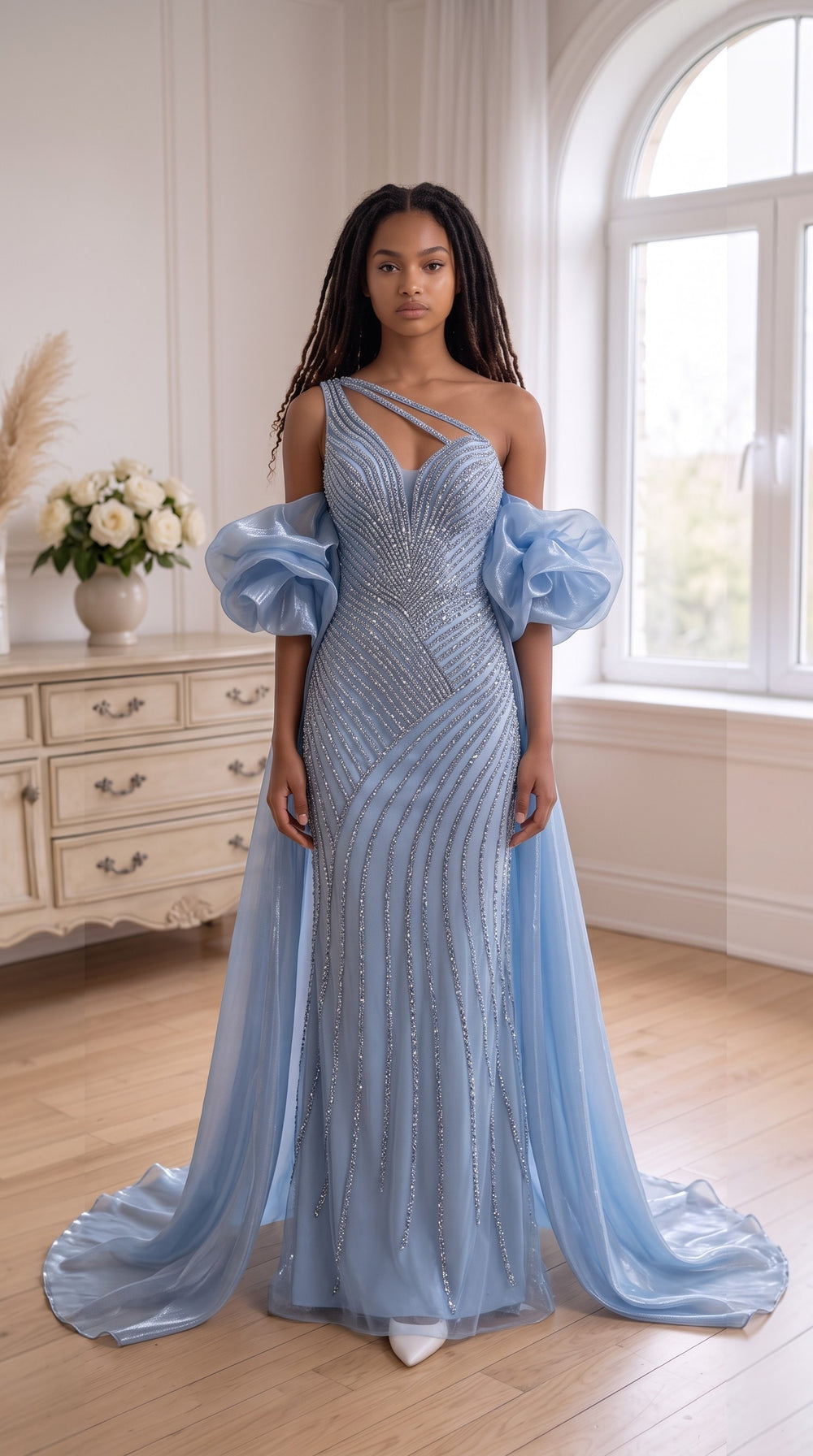 Celestial Cascade One-Shoulder Couture Gown - Blue