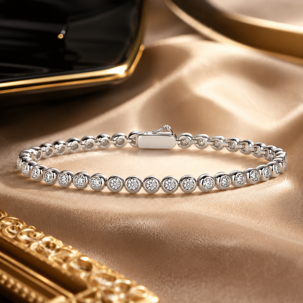 Round brilliant moissanite tennis bracelet with bezel settings and box clasp
