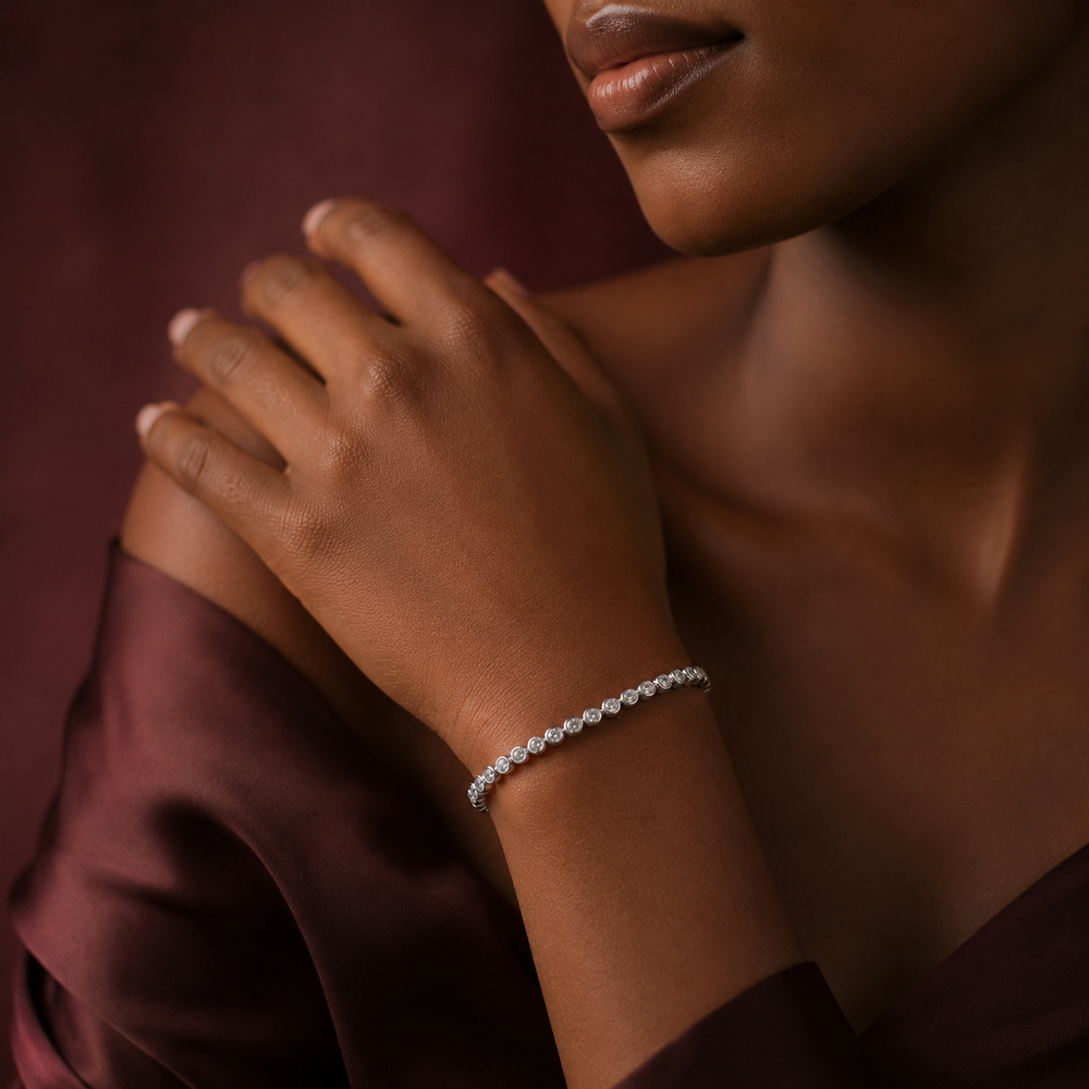 Celeste moissanite bracelet styled for formal evening wear