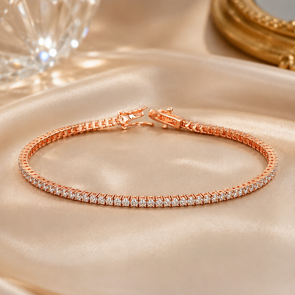 Rose gold tennis bracelet with round brilliant moissanite on champagne satin