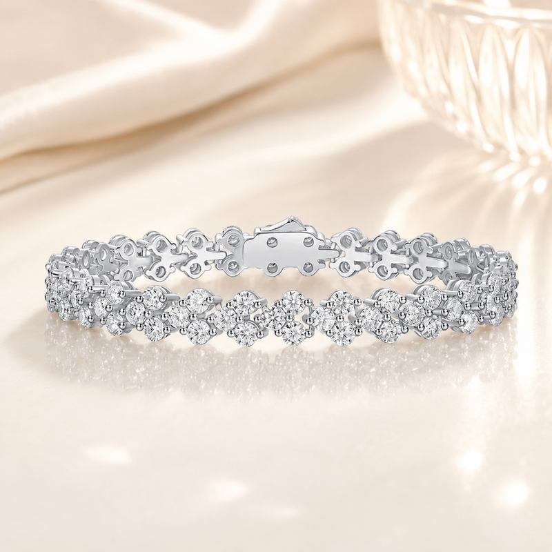 Front view of rhodium-plated sterling-silver moissanite cluster bracelet